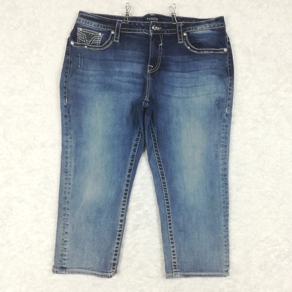 Vigoss Jeans Womens Capri Blue Denim Flap Pocket Distressed Sequins Plus 18